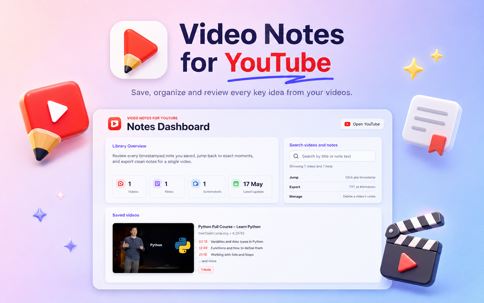 Notes dashboard with library overview and saved videos.