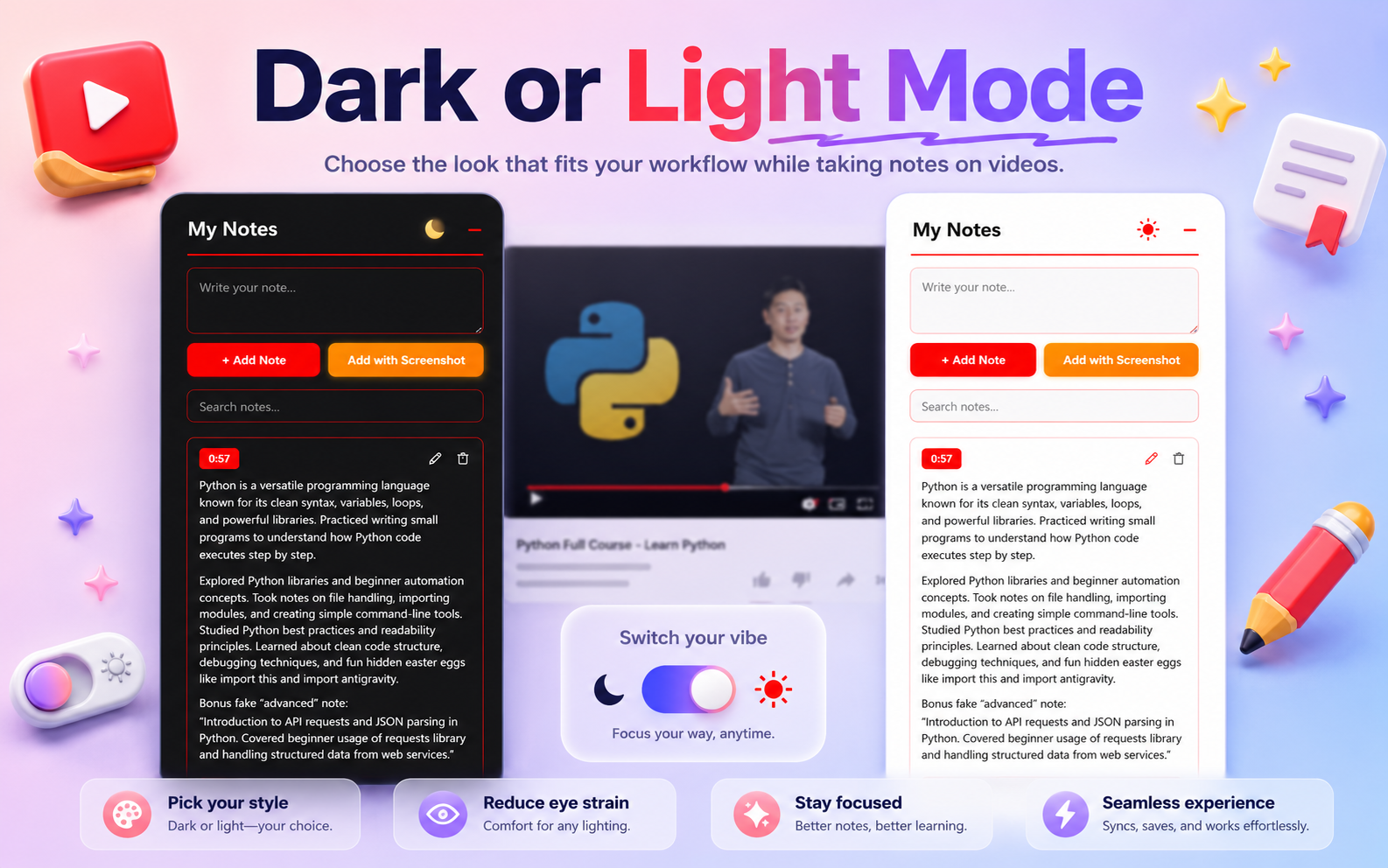 Side-by-side dark and light theme of the notes panel.