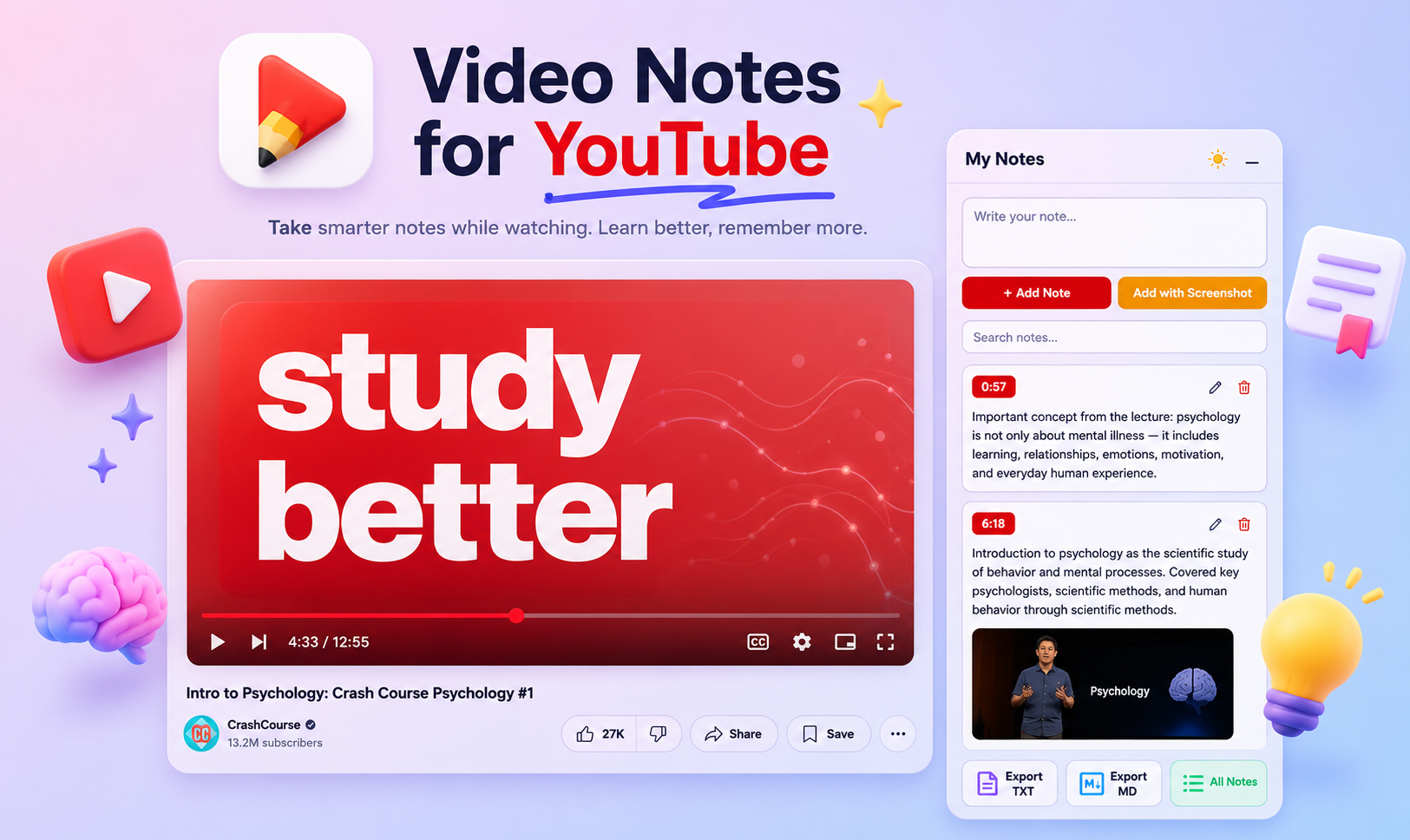 Notes panel docked beside a YouTube watch page.